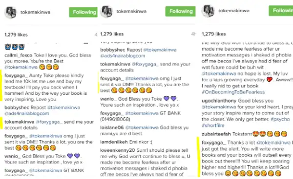 Toke Makinwa gifts a follower N10k